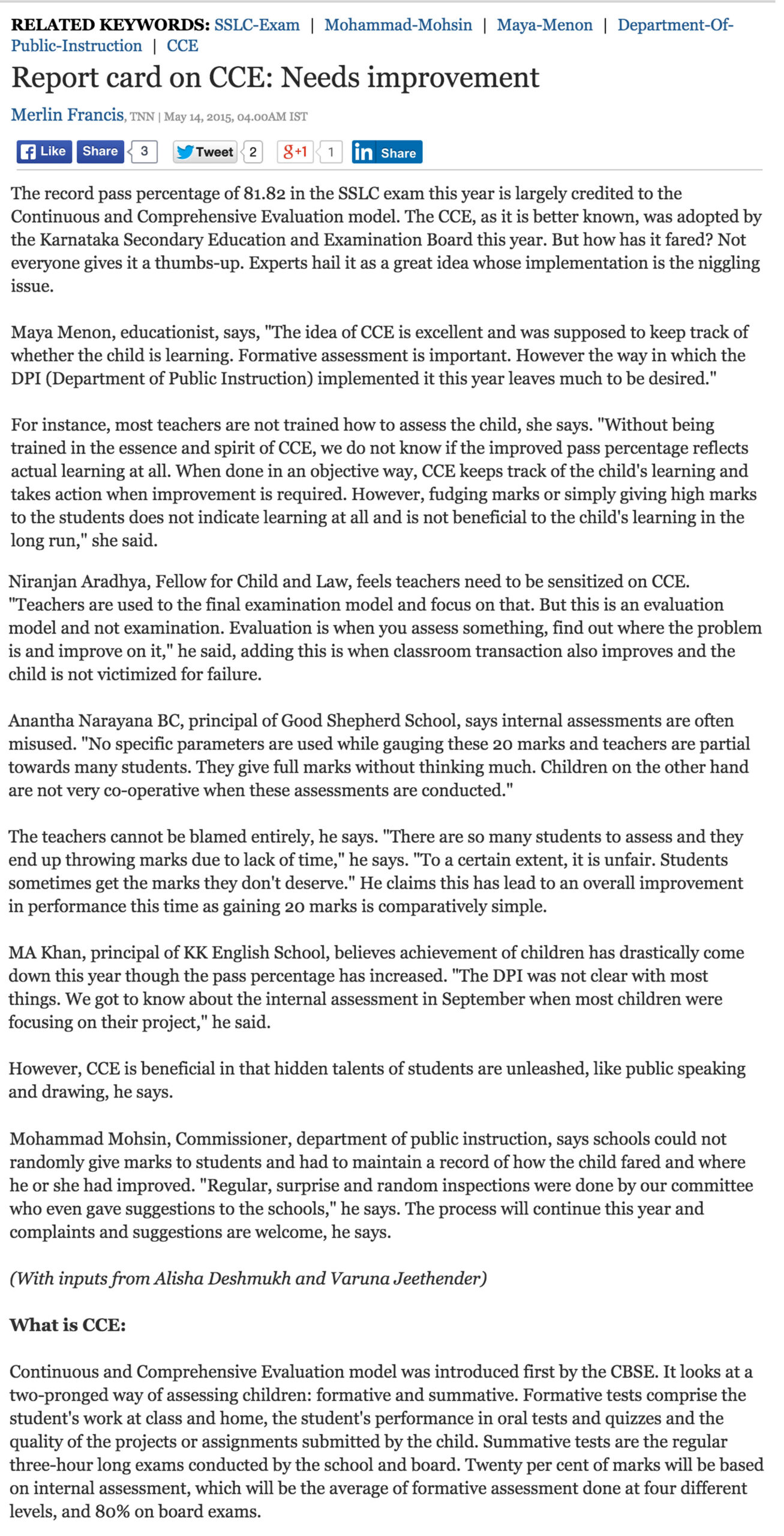 Report card on CCE: Needs improvement